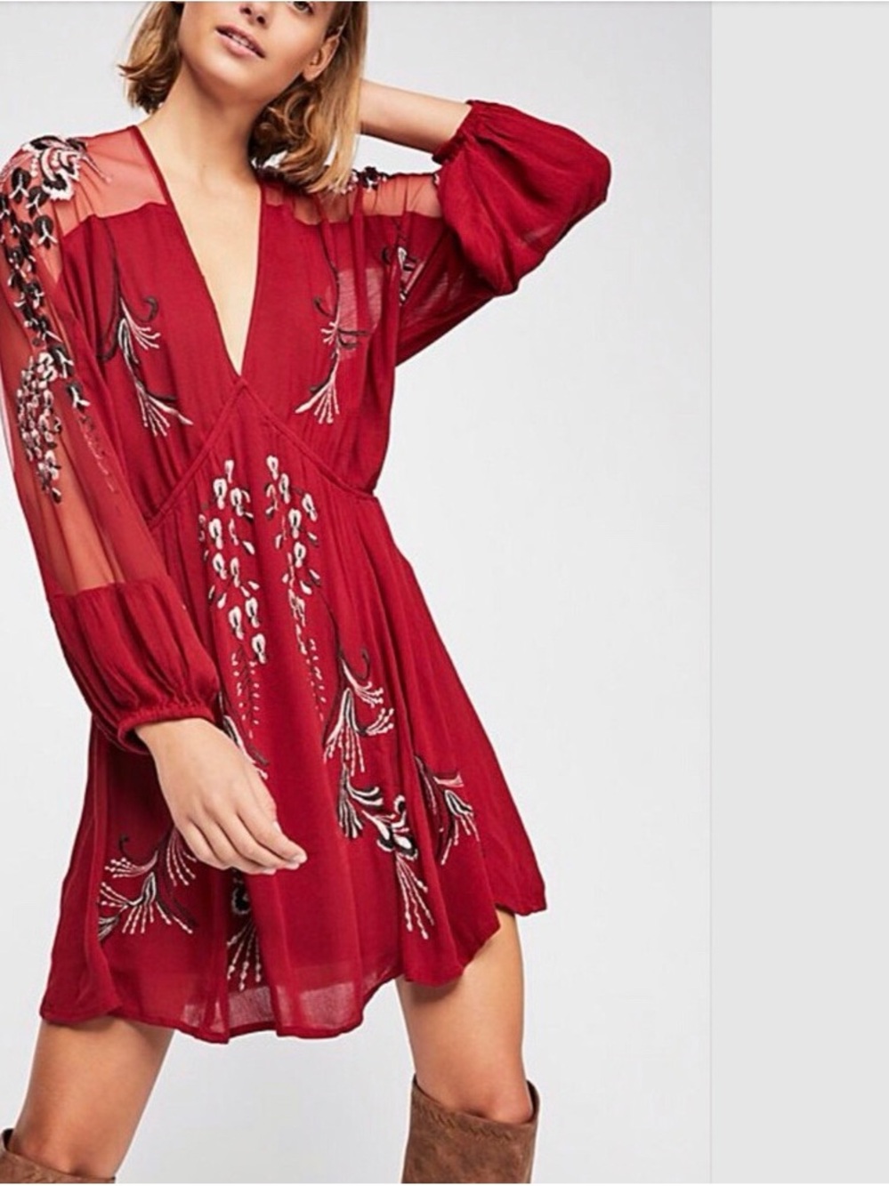 Free People Embroidered Red V-Neck Mini Dress